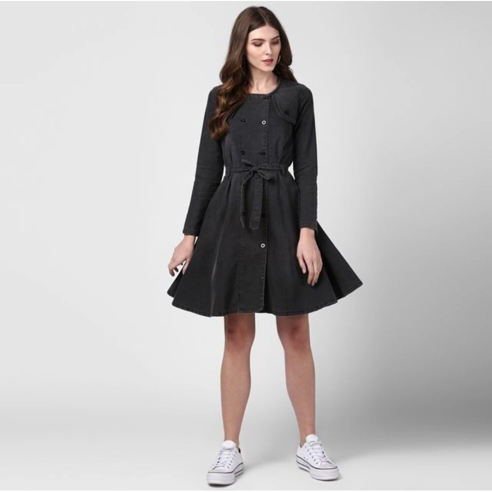 Generic Women's Denim Washed Long Sleeves Dress (Black) - Image 4