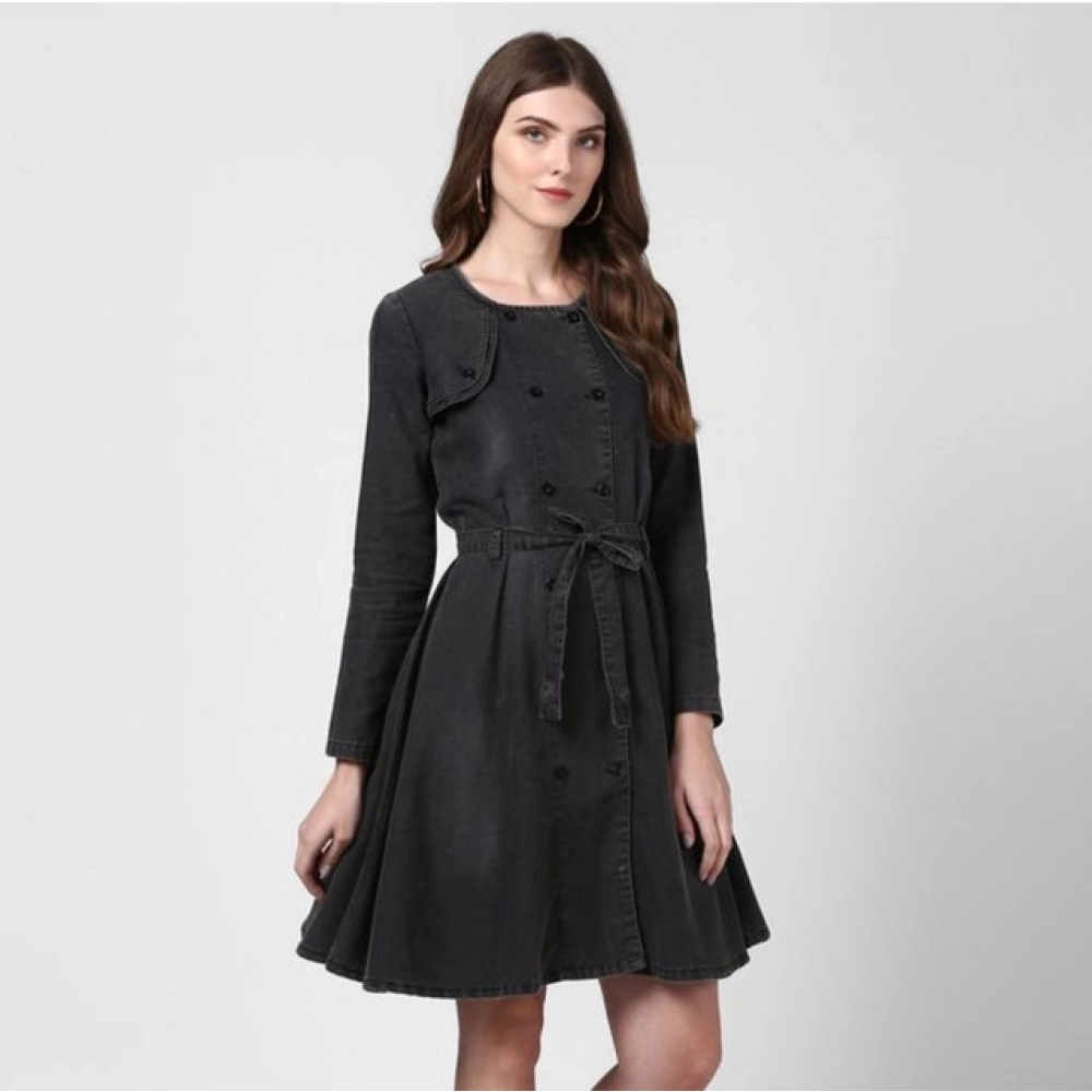Generic Women's Denim Washed Long Sleeves Dress (Black) - Image 3