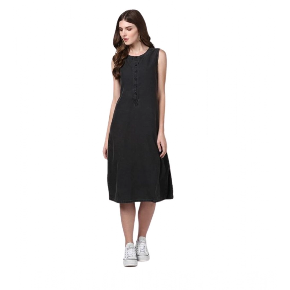 Generic Women's Denim Solid Sleeveless Dress (Black)