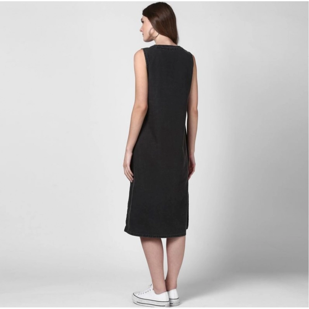 Generic Women's Denim Solid Sleeveless Dress (Black) - Image 5