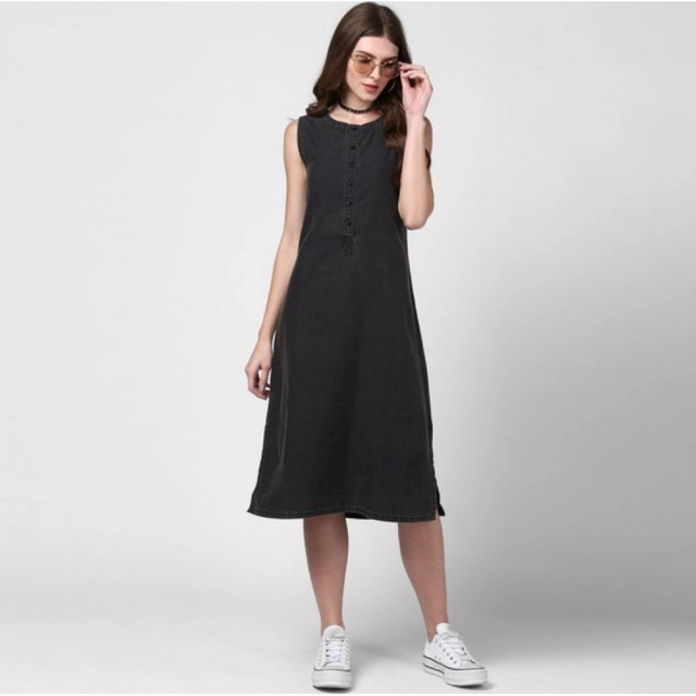 Generic Women's Denim Solid Sleeveless Dress (Black) - Image 4