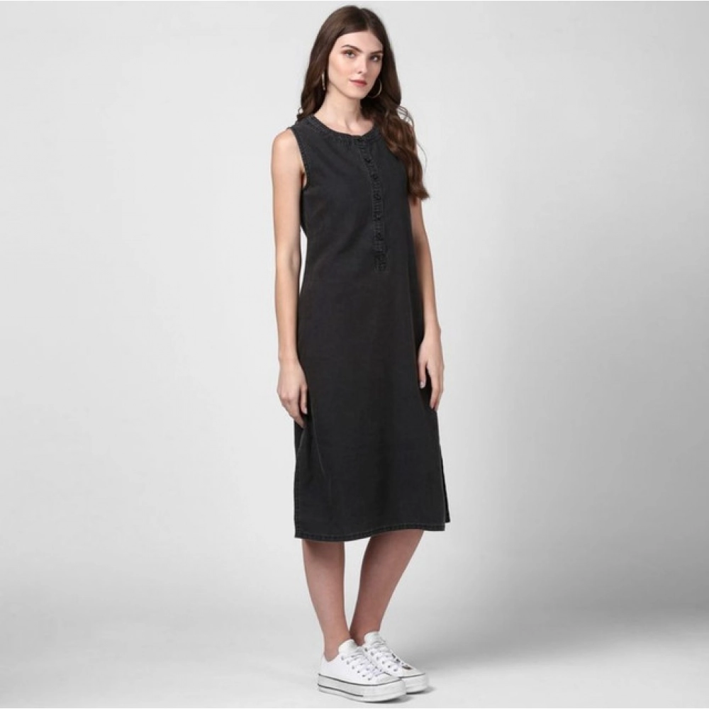 Generic Women's Denim Solid Sleeveless Dress (Black) - Image 3
