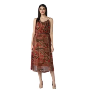 Generic Women's Polyester Printed Shoulder Straps Dress (Maroon - Brown)