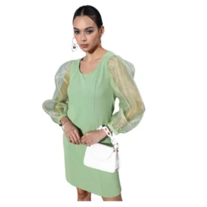 Generic Women's Organza And Polyester Lycra Solid Long Sleeves Dress (Green)