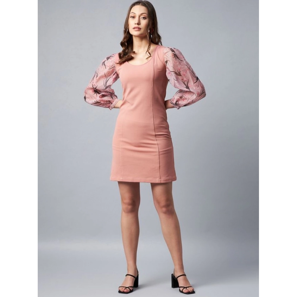 Generic Women's Polyester Lycra And Organza Floral Balloon Sleeve Dress (Pink) - Image 4