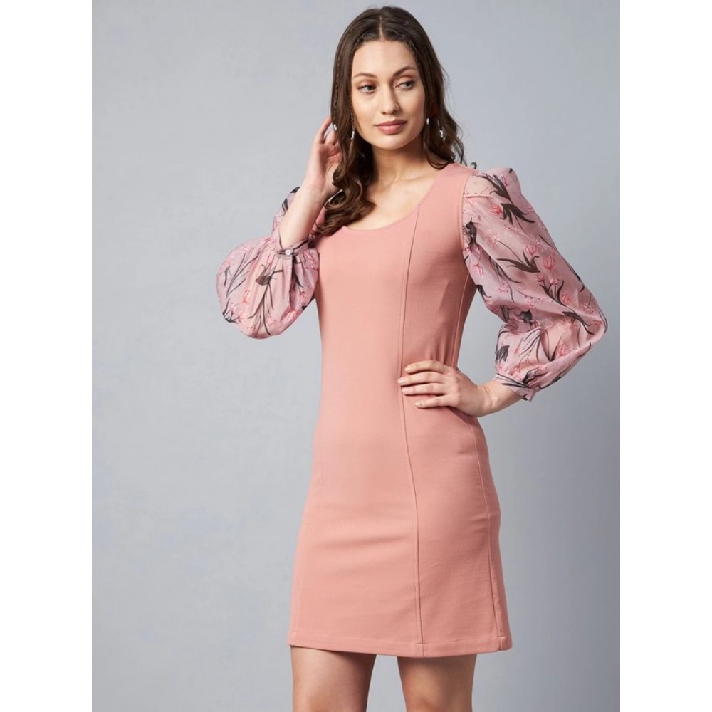 Generic Women's Polyester Lycra And Organza Floral Balloon Sleeve Dress (Pink) - Image 3