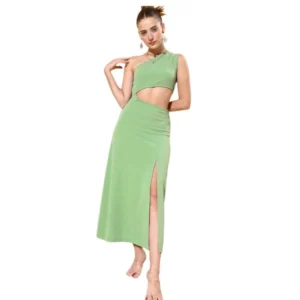 Generic Women's Polyester Lycra Solid Sleeveless Dress (Green)