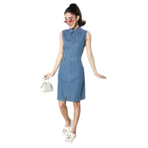 Generic Women's Denim Solid Sleeveless Dress (Blue)
