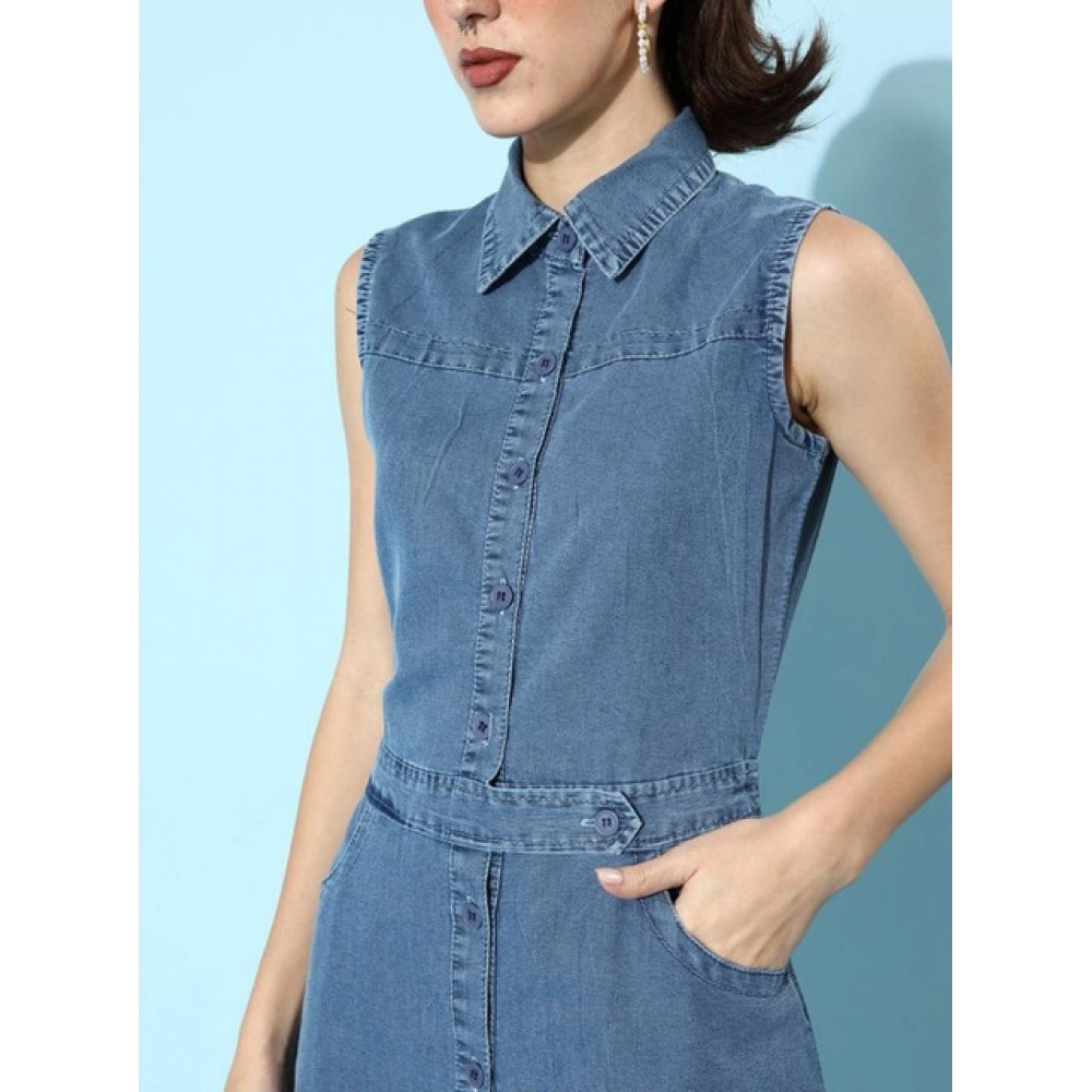 Generic Women's Denim Solid Sleeveless Dress (Blue) - Image 3