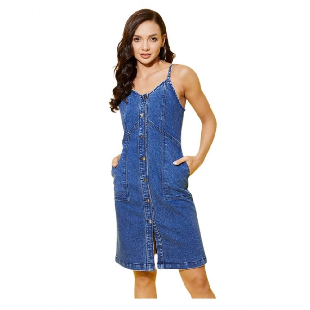 Generic Women's Denim Washed Shoulder Straps Dress (Blue)