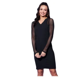 Generic Women's Polyester And Net Solid Long Sleeves Dress (Black)