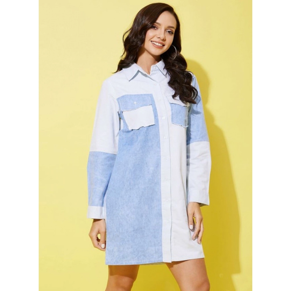 Generic Women's Denim Solid Long Sleeves Dress (Blue) - Image 3