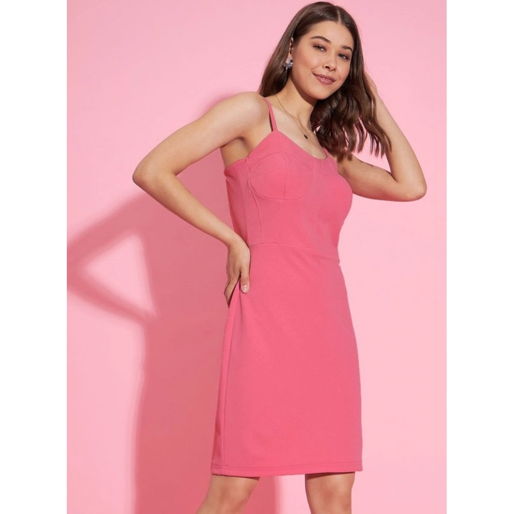 Generic Women's Polyester Lycra Solid Shoulder Straps Dress (Pink) - Image 3