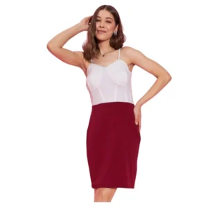 Generic Women's Polyester Lycra Color Blocking Shoulder Straps Dress (White - Maroon)
