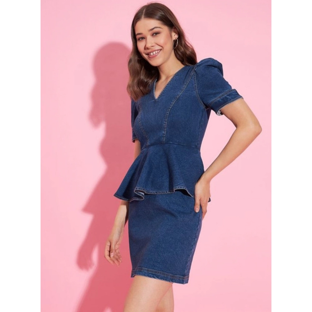 Generic Women's Denim Solid Puff Sleeves Dress (Blue) - Image 4