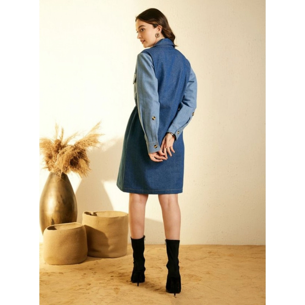 Generic Women's Denim Color Blocking Roll Up Dress (Blue) - Image 3