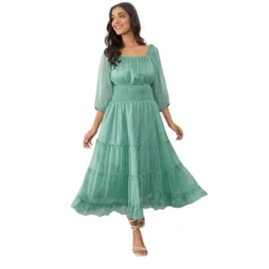 Generic Women's Chiffon Solid Puff Sleeve Dress (Green)