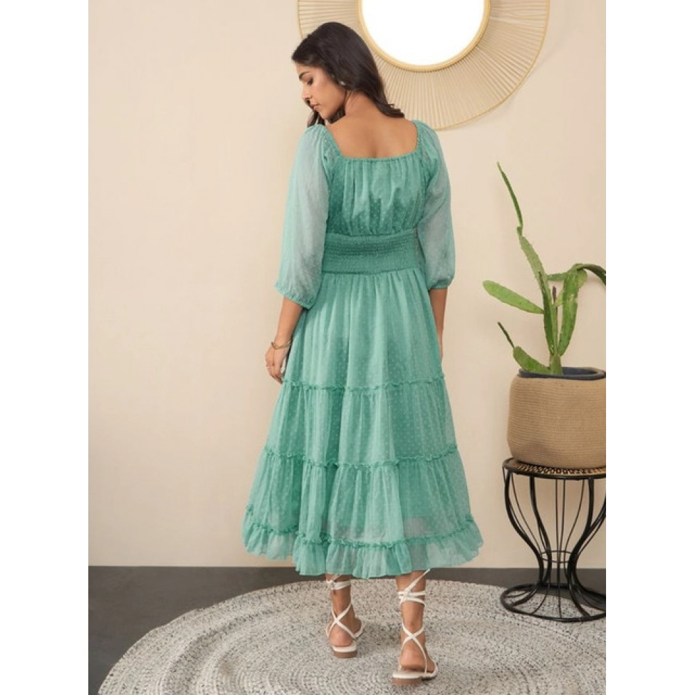 Generic Women's Chiffon Solid Puff Sleeve Dress (Green) - Image 4