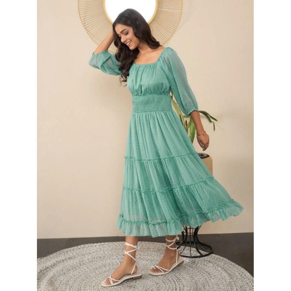 Generic Women's Chiffon Solid Puff Sleeve Dress (Green) - Image 3