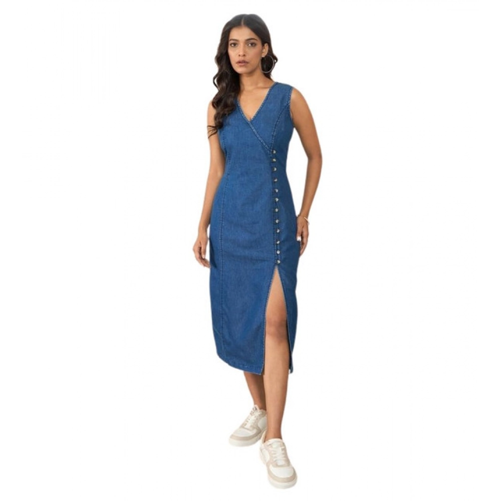 Generic Women's Denim Solid Sleeveless Dress (Blue)