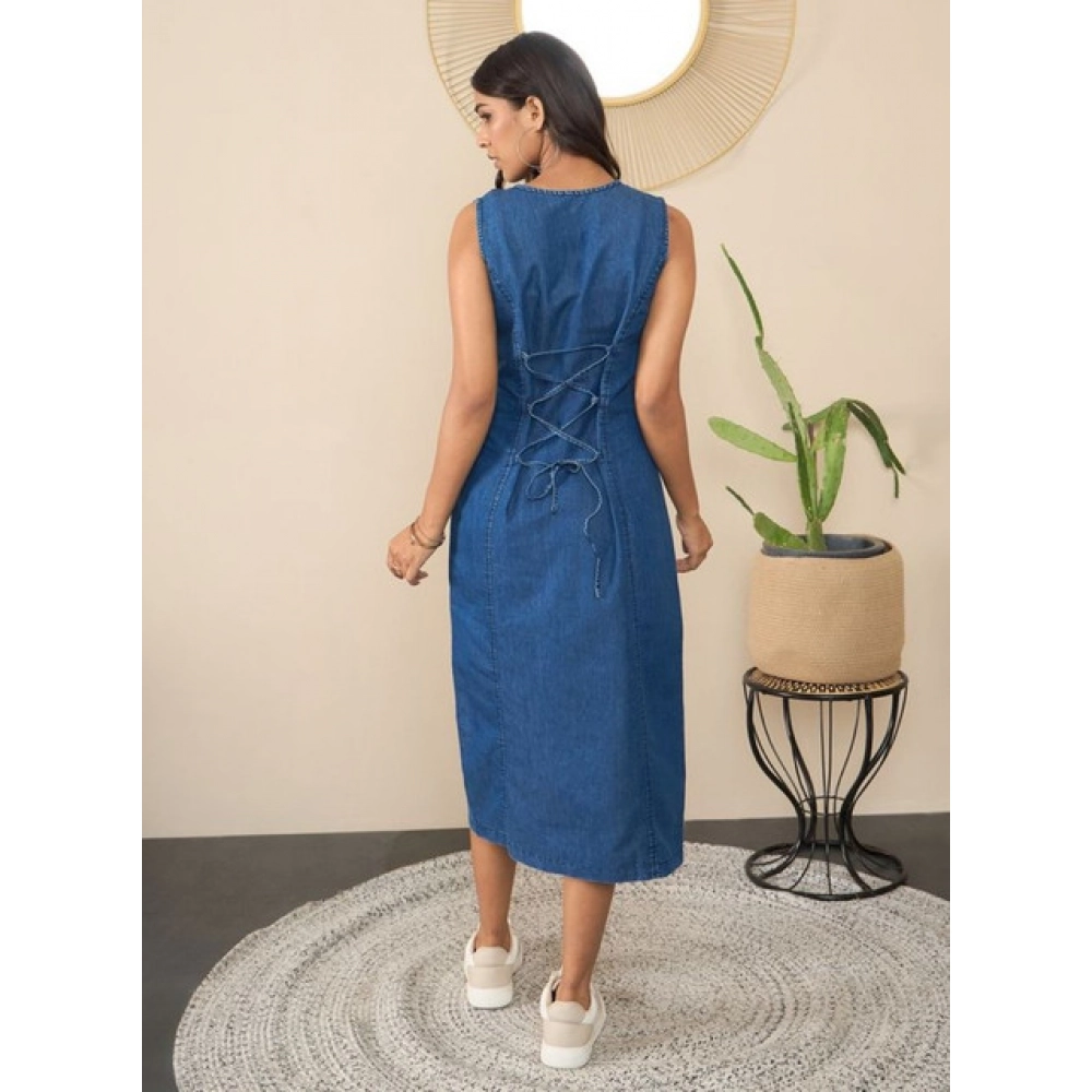 Generic Women's Denim Solid Sleeveless Dress (Blue) - Image 3