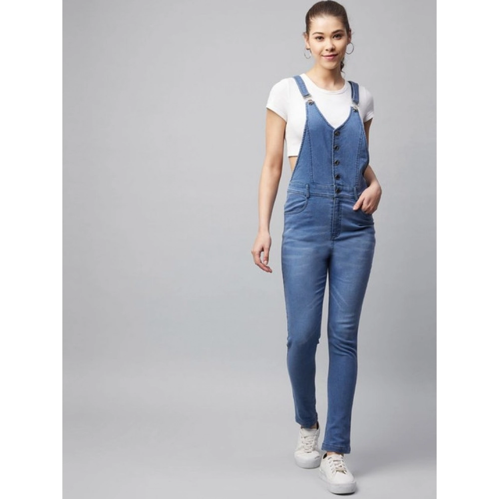 Generic Women's Denim Lycra Solid Buttoned Dungaree (Ice Blue) - Image 5