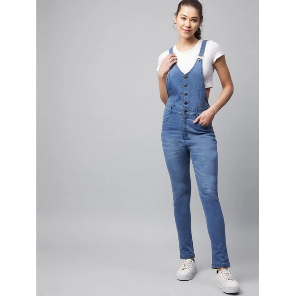 Generic Women's Denim Lycra Solid Buttoned Dungaree (Ice Blue) - Image 4