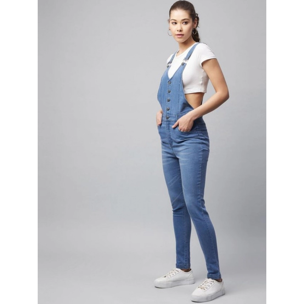 Generic Women's Denim Lycra Solid Buttoned Dungaree (Ice Blue) - Image 3