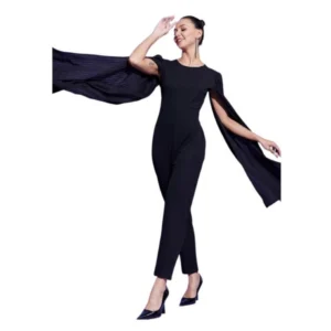 Generic Women's Polyeter Solid Cape Sleeve Jumpsuit (Black)