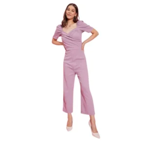 Generic Women's Polyester Lycra Solid Puff Sleeve Jumpsuit (Lavender)