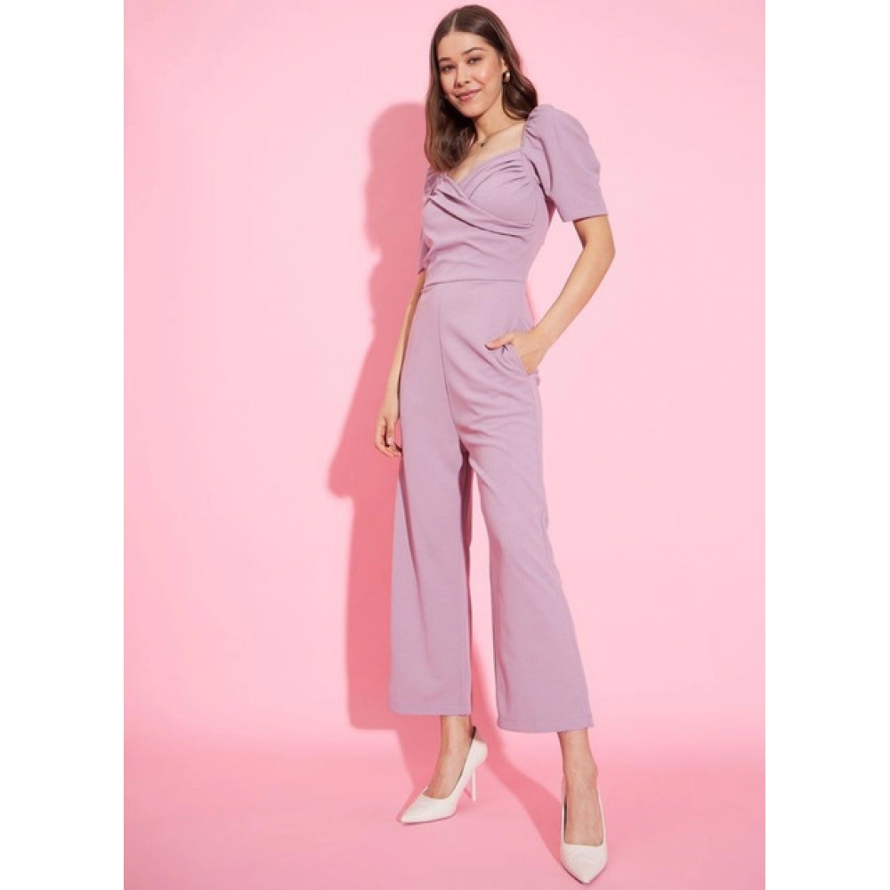 Generic Women's Polyester Lycra Solid Puff Sleeve Jumpsuit (Lavender) - Image 4