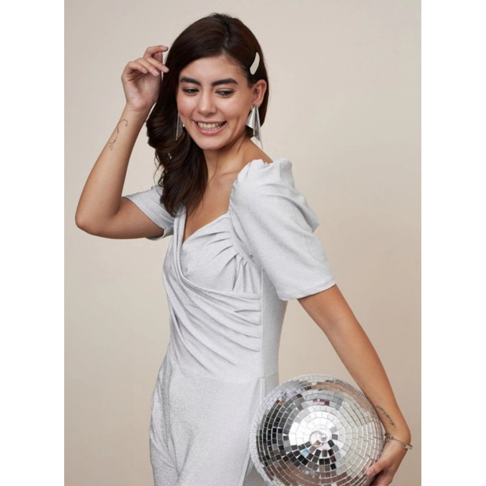 Generic Women's Polyester Shimmer Self Design Short Sleeve Jumpsuit (Silver) - Image 5