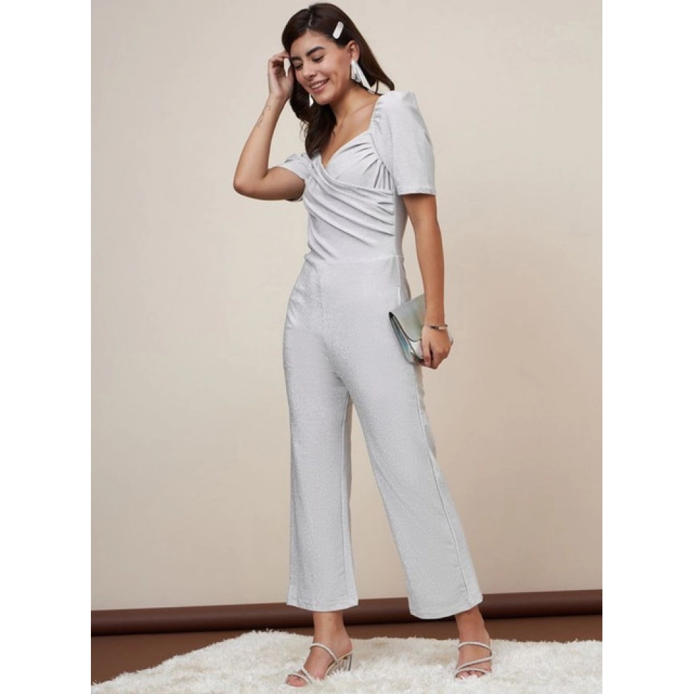 Generic Women's Polyester Shimmer Self Design Short Sleeve Jumpsuit (Silver) - Image 4