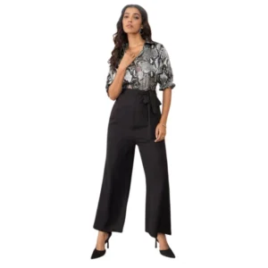 Generic Women's Satin And Polyester Floral Half Sleeves Jumpsuit (Grey - Black)