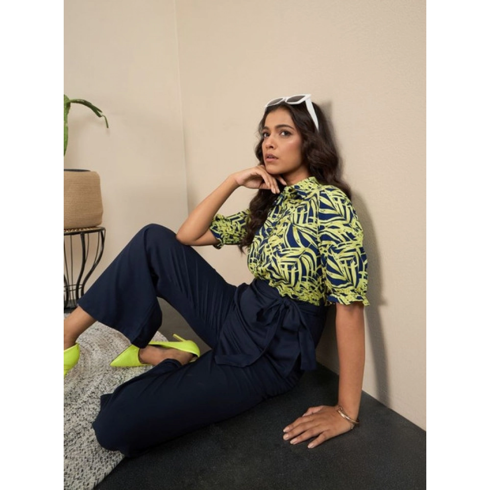 Generic Women's Polyester Floral Half Sleeves Jumpsuit (Navy - Yellow) - Image 3