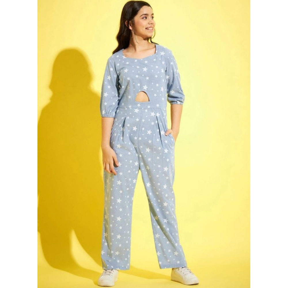 Generic Girl's Cotton Printed 3-4th Sleeve Jumpsuit (Blue - White) - Image 5