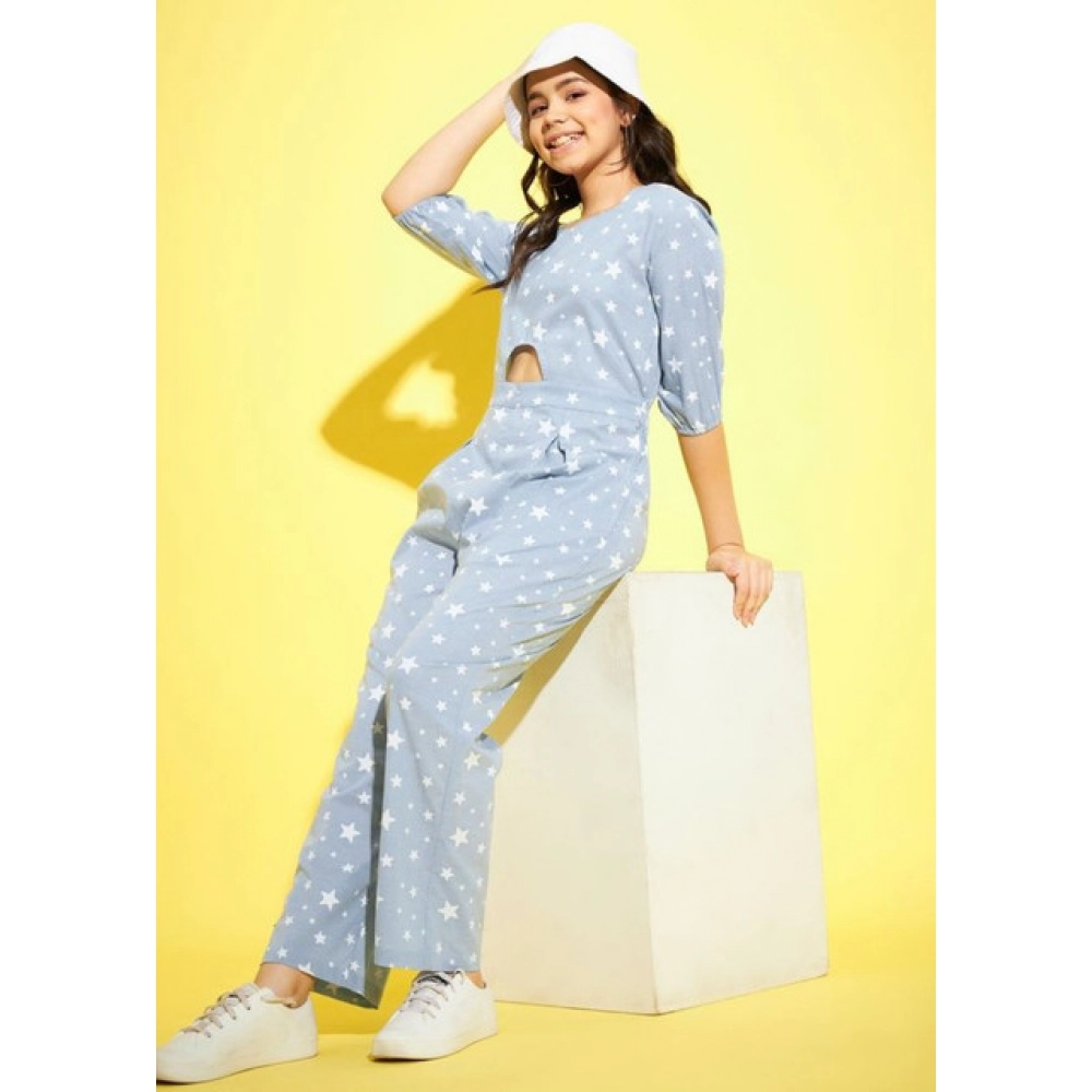 Generic Girl's Cotton Printed 3-4th Sleeve Jumpsuit (Blue - White) - Image 4