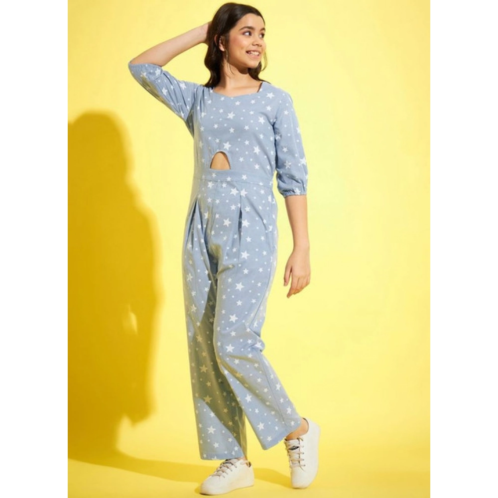 Generic Girl's Cotton Printed 3-4th Sleeve Jumpsuit (Blue - White) - Image 3