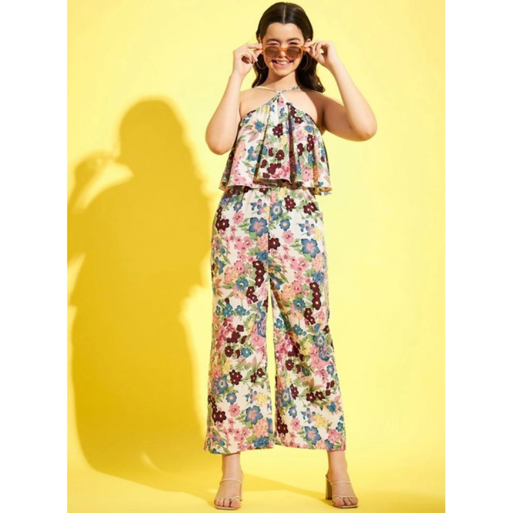 Generic Girl's Polyester Crepe Floral Sleeveless Jumpsuit (Multicolor) - Image 4