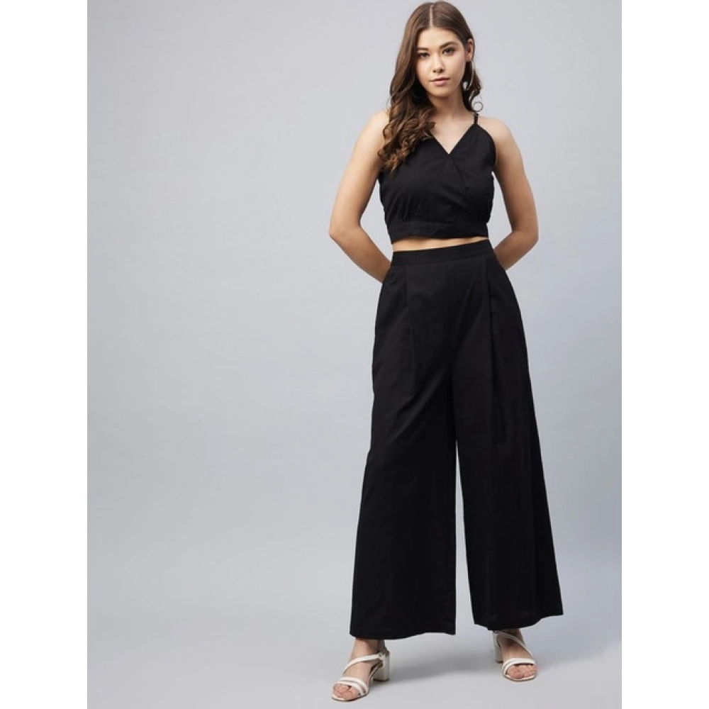 Generic Women's Cotton Linen Solid Sleeveless Crop Top and Palazzo Set (Black) - Image 3