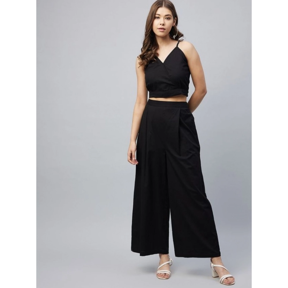 Generic Women's Cotton Linen Solid Sleeveless Crop Top and Palazzo Set (Black) - Image 4