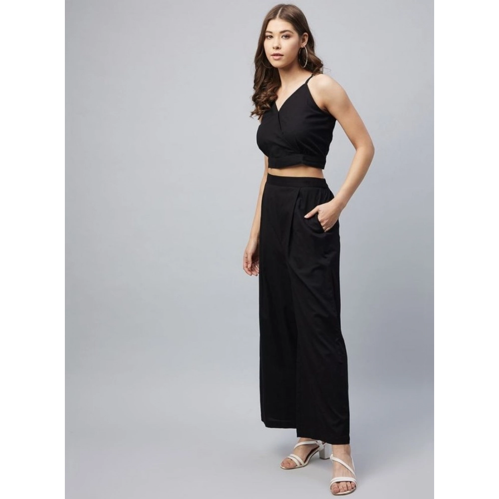 Generic Women's Cotton Linen Solid Sleeveless Crop Top and Palazzo Set (Black) - Image 5