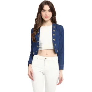 Generic Women's Denim Embellished Long Sleeves Shrug (Blue)