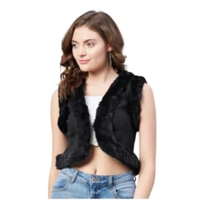 Generic Women's Denim And Fur Solid Sleeveless Shrug (Black)