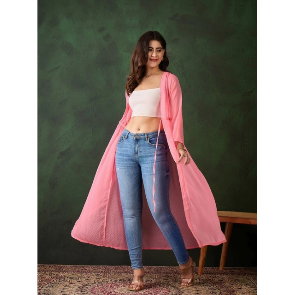 Generic Women's Chiffon Self Design Long Sleeves Shrug (Pink) - Image 2