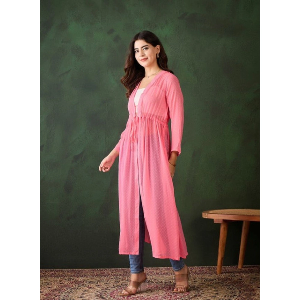 Generic Women's Chiffon Self Design Long Sleeves Shrug (Pink) - Image 3
