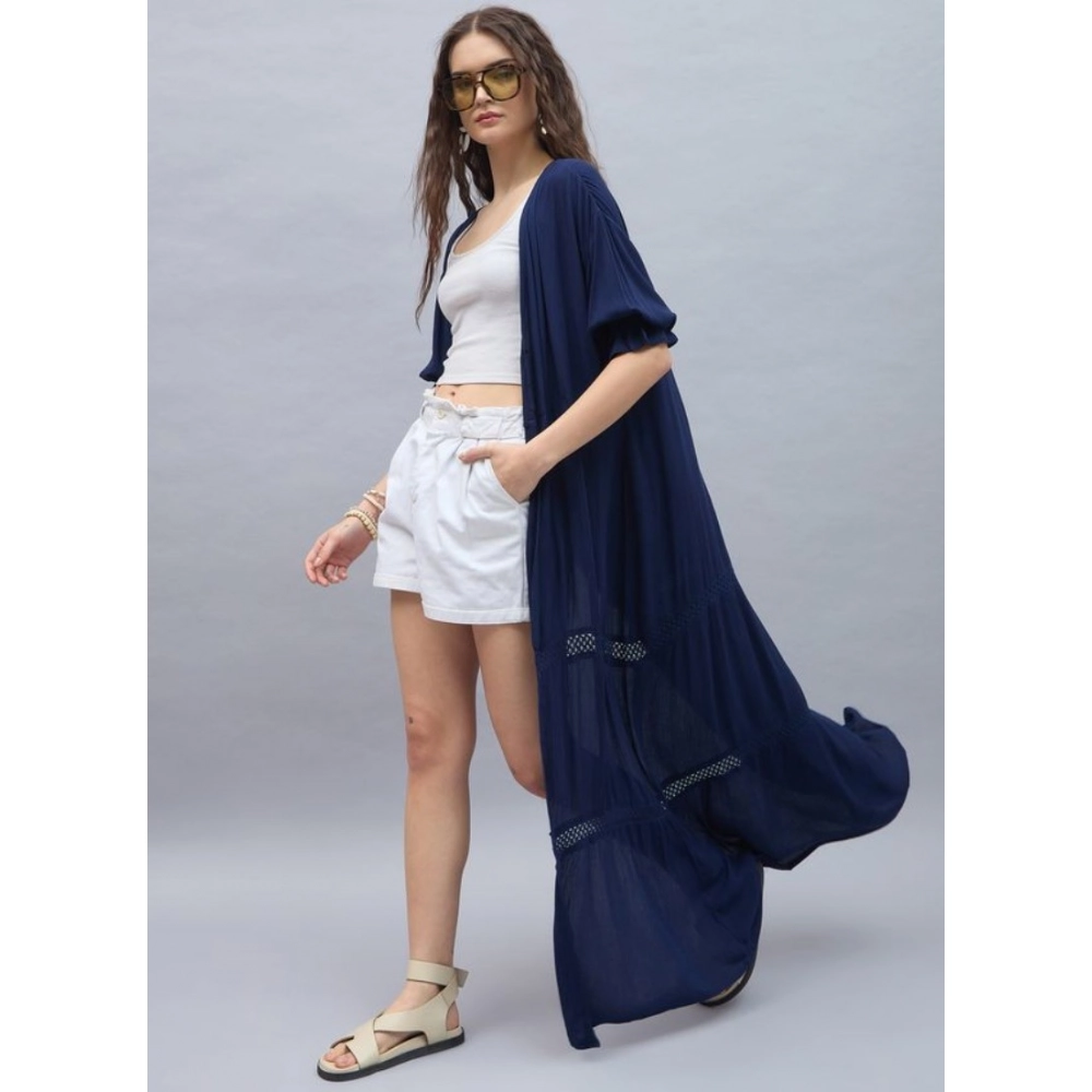 Generic Women's Rayon Crepe Lace Inserts 3-4th Sleeve Shrug (Navy) - Image 2