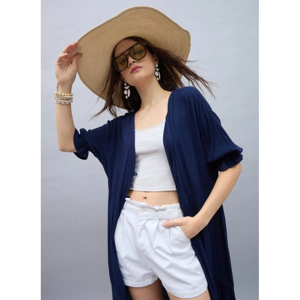 Generic Women's Rayon Crepe Lace Inserts 3-4th Sleeve Shrug (Navy) - Image 3