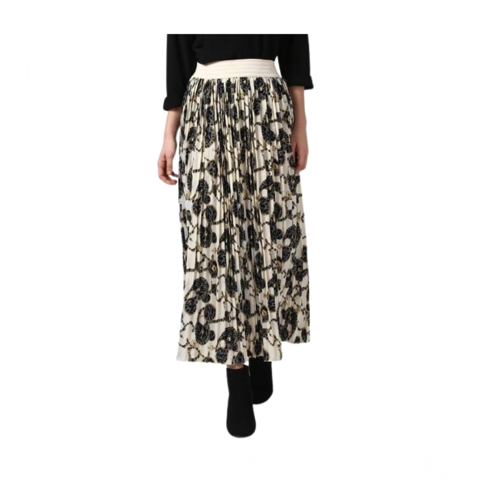 Generic Women's Georgette Chain Print Elasticated Skirt (Cream-Black)