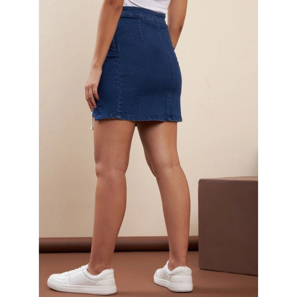 Generic Women's Denim Lycra Solid Button Skirt (Blue) - Image 5